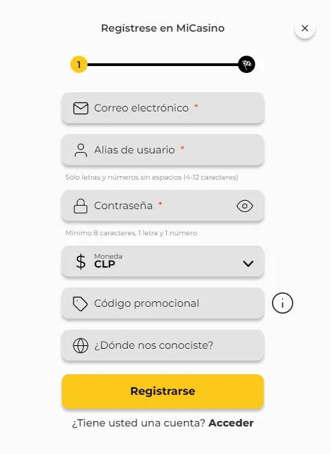 Registro MiCasino Bolivia